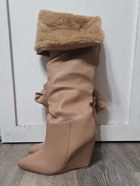 Faux Fur Cuffed Wedge Knee-High Boot - Tan